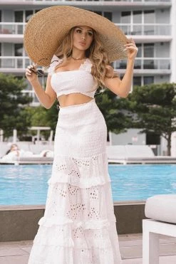 Vendor-unknown White Smocked Ruffle Crochet Maxi Skirt Two Piece Set Just In