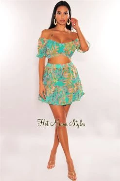 Vendor-unknown Just In Sea Green Floral Print Off Shoulder Tie Up Ruffle Skirt Two Piece Set