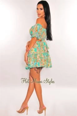 Vendor-unknown Just In Sea Green Floral Print Off Shoulder Tie Up Ruffle Skirt Two Piece Set