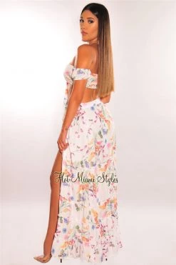 Vendor-unknown White Floral Print Tie Up Tiered Maxi Skirt Two Piece Set