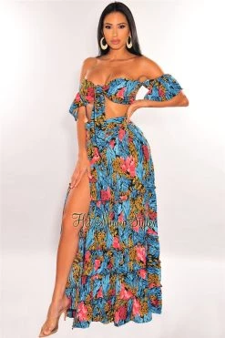 Vendor-unknown Just In Black Multi Color Print Tie Up Wrap Maxi Skirt Two Piece Set
