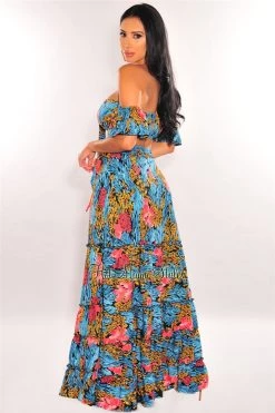 Vendor-unknown Just In Black Multi Color Print Tie Up Wrap Maxi Skirt Two Piece Set