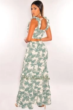 Vendor-unknown White Palm Print Smocked Ruffle Maxi Skirt Two Piece Set Just In