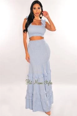 Vendor-unknown Just In Baby Blue Smocked Ruffle Maxi Skirt Two Piece Set