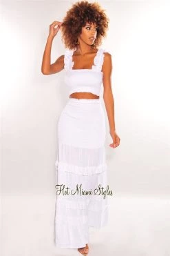 Vendor-unknown White Smocked Ruffle Maxi Skirt Two Piece Set