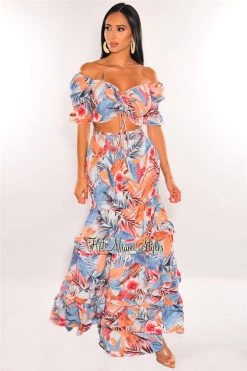 Vendor-unknown Blue Multi Color Palm Print Ruched Short Sleeve Smocked Maxi Skirt Two Piece Set