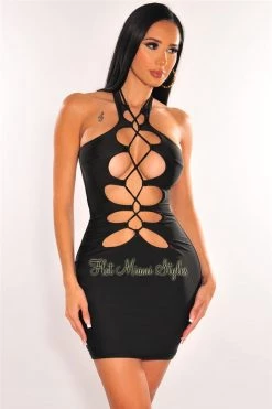 Vendor-unknown Black Halter Lace Up Mini Dress