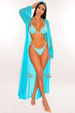 Vendor-unknown Just In Aqua Mesh Long Sleeves Belted Maxi Cover Up