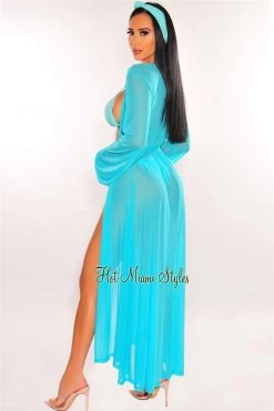 Vendor-unknown Just In Aqua Mesh Long Sleeves Belted Maxi Cover Up