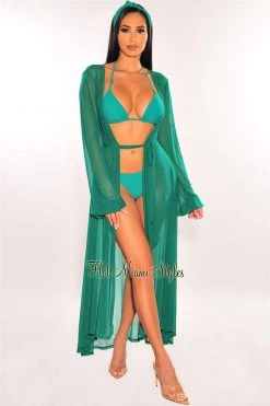 Vendor-unknown Emerald Mesh Long Sleeves Belted Maxi Cover Up Just In