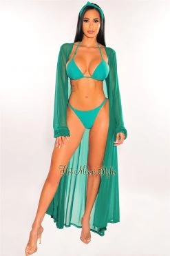 Vendor-unknown Emerald Mesh Long Sleeves Belted Maxi Cover Up Just In