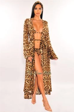 Vendor-unknown Leopard Print Long Sleeves Belted Maxi Cover Up Just In