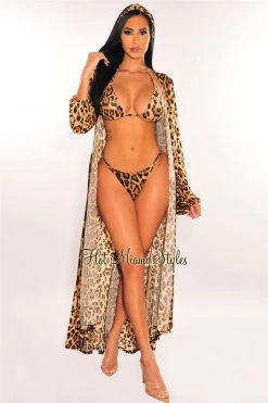 Vendor-unknown Leopard Print Long Sleeves Belted Maxi Cover Up Just In