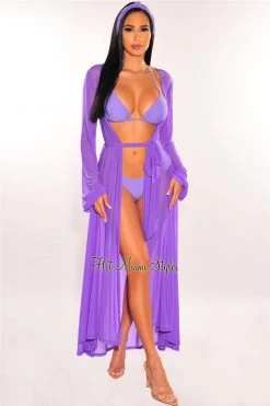 Vendor-unknown Purple Mesh Long Sleeves Belted Maxi Cover Up Just In