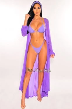 Vendor-unknown Purple Mesh Long Sleeves Belted Maxi Cover Up Just In