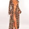 Vendor-unknown Snake Print Long Sleeves Belted Maxi Cover Up