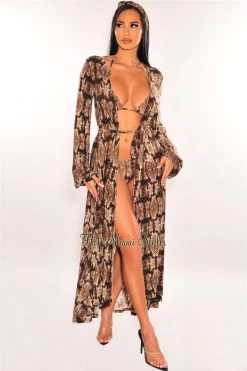 Vendor-unknown Snake Print Long Sleeves Belted Maxi Cover Up
