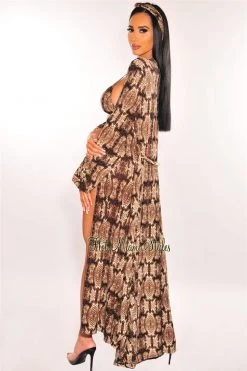 Vendor-unknown Snake Print Long Sleeves Belted Maxi Cover Up