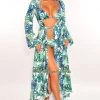 Vendor-unknown Just In White Palm Print Long Sleeves Belted Maxi Cover Up