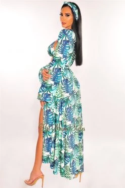 Vendor-unknown Just In White Palm Print Long Sleeves Belted Maxi Cover Up