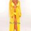 Vendor-unknown Just In Yellow Mesh Long Sleeves Belted Maxi Cover Up