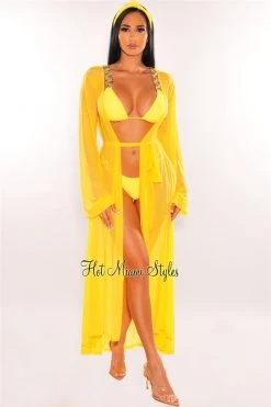 Vendor-unknown Just In Yellow Mesh Long Sleeves Belted Maxi Cover Up