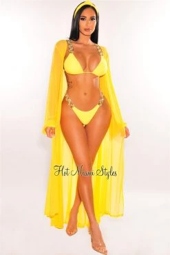 Vendor-unknown Just In Yellow Mesh Long Sleeves Belted Maxi Cover Up