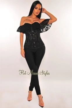 Orange Shine Black Floral Lace Ruffle Off Shoulder Boned Corset Top