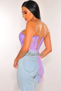 Orange Shine Just In Lavender Floral Lace Sheer Underwire Padded Boned Corset Top
