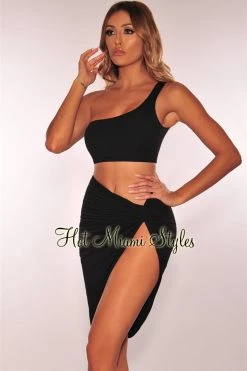 Vendor-unknown Black One Shoulder Knotted Slit Two Piece Set Just In