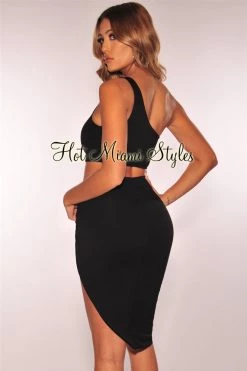 Vendor-unknown Black One Shoulder Knotted Slit Two Piece Set Just In