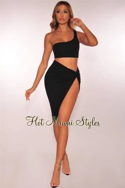 Vendor-unknown Black One Shoulder Knotted Slit Two Piece Set Just In