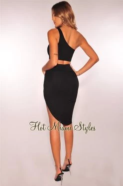 Vendor-unknown Black One Shoulder Knotted Slit Two Piece Set Just In