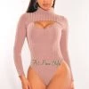 Glamazon Just In Mocha Ribbed Knit Turtleneck Long Sleeve Cut Out Bodysuit