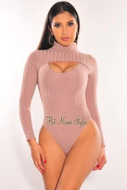 Glamazon Just In Mocha Ribbed Knit Turtleneck Long Sleeve Cut Out Bodysuit