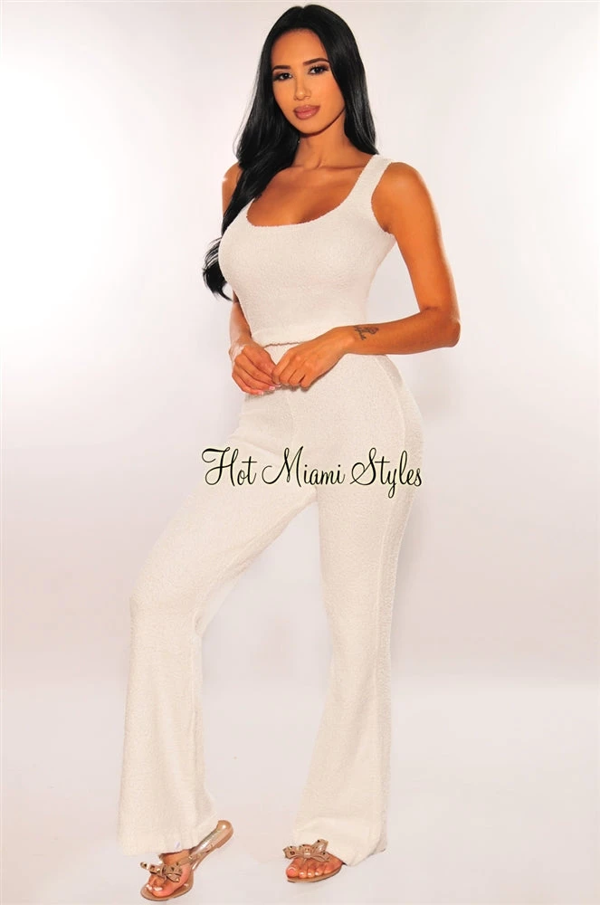 Sole Mio (set) HMS Lounge: White Fuzzy Tank High Waist Palazzo Pants Two Piece Set