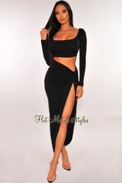MEEK Black Long Sleeves Knotted Slit Skirt Two Piece Set Just In