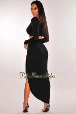 MEEK Black Long Sleeves Knotted Slit Skirt Two Piece Set Just In