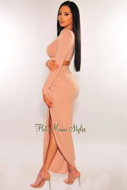 MEEK Nude Long Sleeves Knotted Slit Skirt Two Piece Set Just In