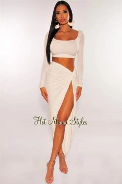 MEEK White Long Sleeves Knotted Slit Skirt Two Piece Set Just In