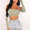Vendor-unknown Just In Dusty Sage Double Straps Off Shoulder Ruched Crop Top