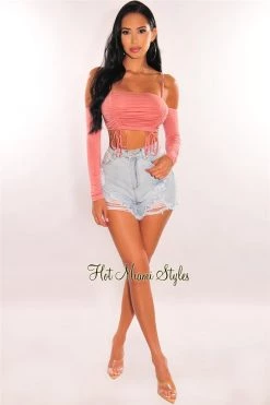 Vendor-unknown Just In Rose Double Straps Off Shoulder Ruched Crop Top