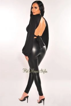 MEEK Black Mock Neck Keyhole Long Sleeve Tie Up Crop Top Just In