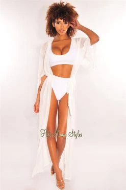 Vendor-unknown White Mesh Sheer Maxi Tie Up Cover Up Just In