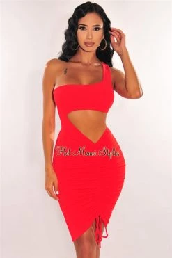 Vendor-unknown Red One Shoulder Cut Out Ruched Dress