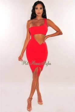 Vendor-unknown Red One Shoulder Cut Out Ruched Dress