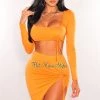 Vendor-unknown Just In Orange Square Neck Long Sleeve O-Ring Slit Two Piece Set