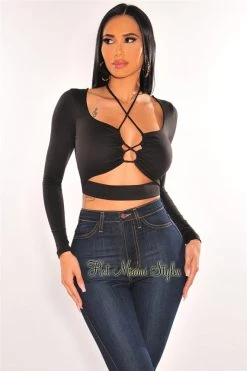 Vendor-unknown Black Lace Up Long Sleeve Cut Out Crop Top
