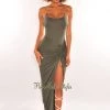 Vendor-unknown Olive Gold Chain Halter Ruched Slit Maxi Dress Just In