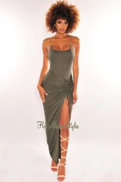 Vendor-unknown Olive Gold Chain Halter Ruched Slit Maxi Dress Just In